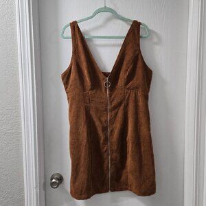 Brown Corduroy Zip Up Pinafore Style Dress